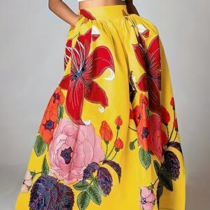 TEMU 캐주얼 하이웨이스트 탄성 포켓 디지털 프린트 롱 여성용 스커트