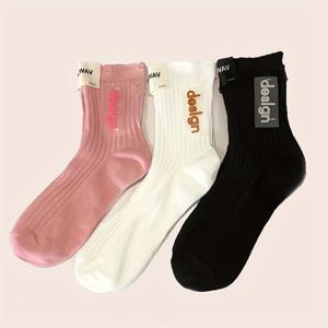 TEMU 여성용 미드 캐프 슬러치 양말 3켤레, 찢어진 홀, 미끄럼 방지, 패브릭 라벨, 열전사 프린팅, 대형 입체 글자