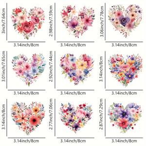 TEMU 9개 세트 수채화 꽃 하트 다림질 전사지, 비닐 열전사 데칼 DIY 티셔츠, 베개, 옷 장식용, 세탁 가능하고 내구성 있는 러브 플라워 스티커