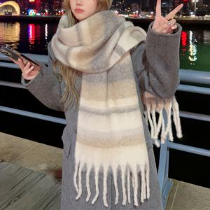TEMU 1개 포근하고 스타일리시한 여성용 인조 울 스카프 - 두꺼운 따뜻한 겨울 숄, 통기성 섬유로 제작, 캐주얼 외출에 적합한 태슬 장식