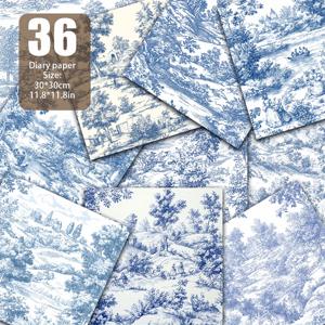 TEMU 클래식 뚜왈 드 쥬이 패턴, 파란색과 흰색의 목가적 풍경, 정교한 고대 조각, 프랑스 시골의 우아함. 적용 시나리오: DIY 공예, 카드 만들기, 다이어리, 선물 포장, 장식용 종이