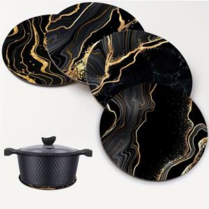 TEMU 4개 세트 럭셔리 블랙 마블 나무 트리벳 플레이스매트 - 블랙 골드 라운드 열기 방지 냄비 받침, 주방, 테이블, 카운터탑, 핫 디쉬용 다목적 미끄럼 방지 핫 패드, 홈, 오피스, 파티, 축제에 완벽