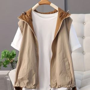 TEMU 여성용 리버스블레이크 후드 캐주얼 조끼, 대비되는 색상의 민소매