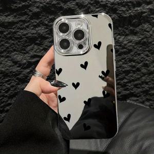 TEMU 휴대폰 케이스 - 아이폰 16 Pro Max/16E/15 Pro/14 Plus/13/12/11 Pro 호환, 세련된 블랙 하트 패턴 미러 폰 케이스, 내구성 및 충격 방지 기능, 스타일리시한 디자인과 고급스러운 느낌