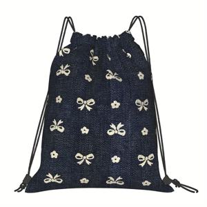 TEMU 데님 리본 드로스트링 백팩 - 흰색 꽃무늬가 있는 남해색, 부드러운 폴리에스테르, 포켓, 기계 세척 가능, 일상용 백팩|장식 백팩|내구성 있는 백팩