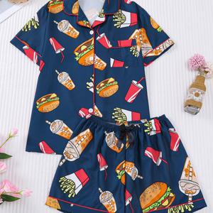 TEMU 여아 테마 프라이 & 버거 프린트가 돋보이는 편안한 잠옷 세트. 반팔 상의와 신축성 있는 허리 밴드가 있는 반바지로 구성되어 있으며, 봄, 여름에 적합하며, 십 대를 위한 캐주얼 홈웨어로 디자인되었습니다. 십 대용.