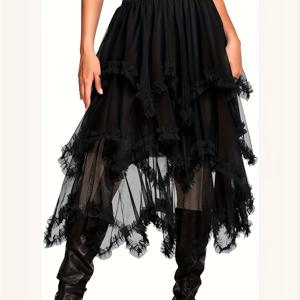 TEMU 여성 고딕 펑크 스타일 레이어드 튤 스커트 - 블랙 러플 헴과 과장된 러플, A라인 실루엣, 올 시즌 파티 &