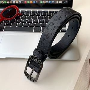 TEMU 여성용 블랙 PU 커뮤터 스타일 엠보싱 나비 프린트 패셔너블 유니크 다용도 벨트