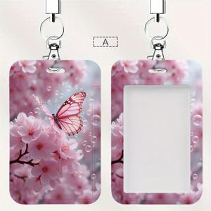 TEMU 분리 가능한 끈이 달린 핑크 플로럴 나비 프린트 ID 카드 홀더 - 학생, 의사, 간호사, 출근자 및 전문가를 위한 내구성 있는 플라스틱 이중 카드 용량, 고품질 제작