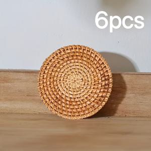 TEMU 6개 세트 핸드메이드 재활용 나무 코스터 - 내열성 미끄럼 방지 음료 매트, 천연 라탄 디자인, 주방·식탁·데스크탑 장식용 테이블 보호매트