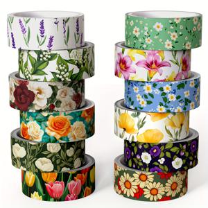 TEMU 빈티지 플로럴 시리즈 와시 테이프 세트, 플로럴 장식 테이프 12롤, 레트로 플라워, 식물 테마 마스킹 테이프, 파티, 스크랩북, 공예 및 선물 포장에 적합
