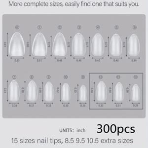 TEMU HOTWAY 300개 아몬드/타원형 아크릴 네일 팁, 15가지 사이즈, 풀 세트 인조 손톱, 무광 솔리드 컬러, 짧은 중간 길이, 강력하고 유연함, 네일 살롱 및 매니큐어에 적합