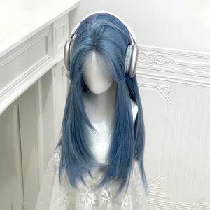 TEMU 프리사이즈 26인치 중앙가르마 여성용 가발, 팔각형 앞머리, 블루 긴 헤어, 할로윈 코스튬, 음악 축제, 파티 또는 모임용으로 완벽. 통기성 좋고 빠짐 없는 풀가발