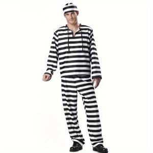 TEMU 성인 할로윈 감옥 코스튬, 흑백 , 장식용 긴팔 의상, 폭력적인 남성 죄수 역할로 할로윈 축제를 연출합니다.