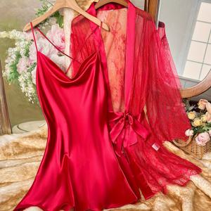 TEMU 여성 레이스 패치워크 편안하고 섹시한 잠옷 로브 및 잠옷 2종 세트