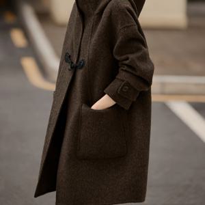 TEMU XWI 여성용 신상 봄/여름 코트, 후드형 노치 라펄 미디엄 기장 수제 양면 울 코트, 가을/겨울용 캐주얼 출퇴근용 트위드 코트