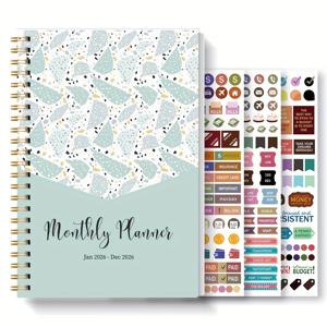 TEMU 1개 A5 2026년 월별 플래너, 1년 스파이럴 정리함 (2026년 1월 ~ 2026년 12월), 학교, 사무실 및 가정용 월별 계획 페이지가 포함된 12개월 액자, 스티커 3개 포함