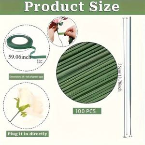 TEMU 100롤 + 4롤 녹색 테이프, 길이 13.87인치, 두께 0.7mm, 22게이지 녹색 페인트 코팅 아연선 (0.7mm) 포함, 크리스마스 장식 및 공예에 적합한 자체 접착 녹색 줄기 테이프