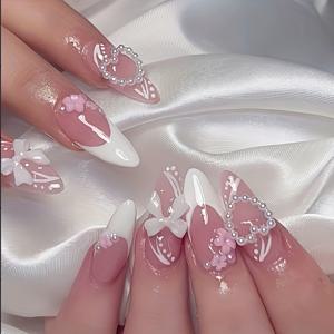 TEMU 24개입 아몬드형 프렌치 팁 손톱 - 리본, 꽃, 글리터 디자인 - 중간 길이 탈착식 네일 패치, 파티, 웨딩, 일상용 광택 네일