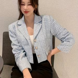 TEMU 신상 프렌치 스타일 블루 숏 코트 (봄/가을용), 소녀스러운 트위드 원단과 스타일리시한 칼라로 디자인된 petite 여성용 코디