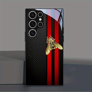 TEMU 휴대폰 케이스 - 레드 스트라이프와 골든 비 디자인의 강화 유리 폰 케이스, S25, S24, S23, S22, S21, S20, Note 20 등 다양한 삼성 갤럭시 모델과 호환