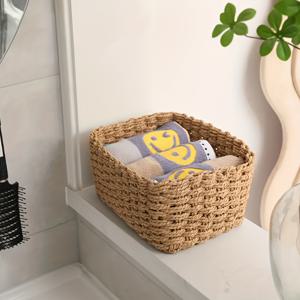 TEMU 스타일 수제 직조 수납 바구니 - 오픈 직조 디자인의 자연 베이지 색상의 정리함, 튼튼한 구조, 욕실, 침실, 거실, 기숙사, 책상에 적합 - 가정, 사무실, 선반 바구니를 위한 장식용 정리함