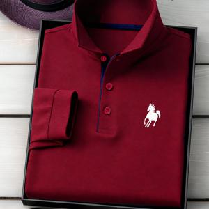 TEMU C8-528 새로운 하이엔드 컬러블록 질주하는 말 패턴 남성용 프린트 긴팔 셔츠, 캐주얼 스포티 패션 남성 상의, 편안하고 통기성 좋은 원단, 활용도 높은 레귤러 핏 버튼넥 골프 셔츠, 테니스 훈련 비즈니스 풀오버