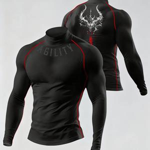 TEMU 남성용 하이넥 스포츠 티셔츠 | 신축성 좋은 원단, 기하학적 패턴, 러닝, 요가, 트레이닝 및 캐주얼 외출에 적합