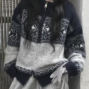 TEMU 고품질 우아한 한국식 지퍼 자카드 여성 가디건 - 가을, 겨울, 봄에 어울리는 다용도 루즈핏. 부드럽고 피부 친화적인 소재, 휴일, 새해, 데이트, 카니발, 일상복으로 완벽