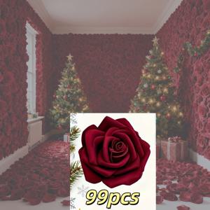 TEMU 99개 리얼리스틱 버건디 인조 장미 - 실내/야외 웨딩, 크리스마스, 발렌타인데이, 결혼식 및 장식용 버건디 레드 플라스틱 꽃 - 자연스러운 외관의 내구성 있는 인조 장미, 패키지 (관리 불필요)