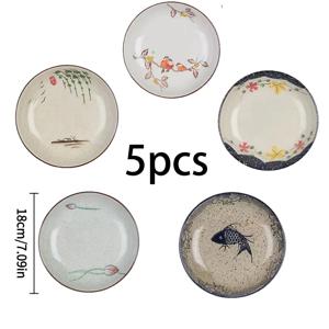 TEMU 일본식 핸드페인팅 세라믹 접시 5개 세트, 7인치 언더글레이즈 디자인, 전자레인지 및 오븐 사용 가능, 샐러드, 스시, 디저트, 스테이크 등에 적합. 가정용, 야외 피크닉, 파티, 손님 접대용