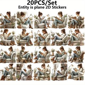 TEMU 20개 수제 빈티지 여학생 독서 스티커, 플랫 2D 스티커, 다양한 공예, 스크랩북, 여행 가방, 노트북, 공책, 기타, 스케이트보드, 벽 장식, 다이어리, 벽지 장식용 미적 장식 스티커, 선물