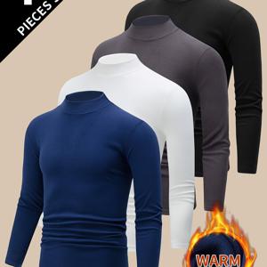 TEMU 남성용 기모 상의 4종 세트, 가을/겨울용 하이넥 긴팔 티셔츠, 캐주얼 베이스 레이어, 따뜻한 스웨트셔츠