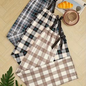 TEMU 여성용 체크무늬 파자마 바지 3pcs - 탄력 있는 리본 허리밴드, 긴 기장 슬립웨어, 포근한 겨울용 나이트가운, 세탁기 사용 가능한 라운지 팬츠, 사계절용 (3pcs 벌크 팩)