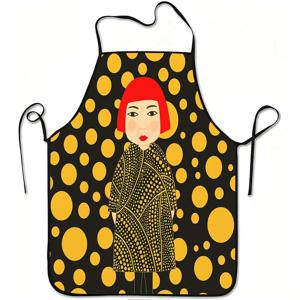 TEMU 1개 앞치마, 노란색 물방울 무늬가 있는 빨간 머리 소녀가 특징이며, 튼튼하고 세척이 용이한 폴리에스터로 제작되었습니다. 허리 밴드 조절이 가능하며 주방에서 요리, 정원 가꾸기, 과일 따기에 적합합니다.