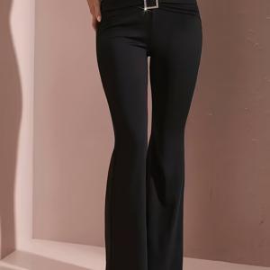 TEMU 방향성 여성용 하이웨이스트 플레어 팬츠 - 메탈릭 체인 디테일이 있는 탄성 허리 밴드, 단색 캐주얼 롱 트라우저, 사계절에 적합한 다용도 와이드 레그 팬츠