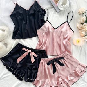 TEMU 여성용 V넥 캐미솔 러플 쇼츠 세트, 네 피스