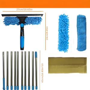 TEMU 1세트 접이식 창문 청소 브러시 및 청소 브러시 키트, 텔레스코픽 폴, 재사용 가능한 마이크로파이버 패드, 스테인리스 스틸 핸들 - 고도로 도달 가능한 실외 및 유리 청소 도구, 전원 불필요, 세탁기 사용 가능, 1회전 헤드, 2개 교체 가능한 와셔, 블루