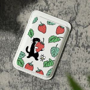 TEMU 럭셔리 패셔너블한 섬세한 딸기 & 고양이 패턴 인공 PU 가죽 자석 카드 홀더 아이폰 16 15 14 프로 맥스 PU 가죽 지갑 부착물, 1-2장의 카드 보관, 내장 보안 포켓 장착