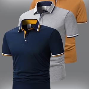 TEMU 플라스틱 뮤직 워터 OBM 3개 세트 + 비즈 패브릭 + 180g 중량 남성용 반팔 상의, 대비 색상 칼라, 패셔너블한 비즈니스 캐주얼 스타일, 니트 칼라 + 커프스, 작업복, 일상 업무 및 캐주얼웨어, 선물용으로 적합