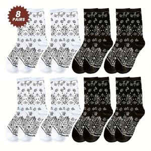 TEMU 8 쌍 창의적인 새로운 트렌디한 미드칼 소크, 일본 스트리트 패션, 커플, 랩, 힙합, 블랙 앤 화이트, 카슈윅 플라워 패턴, 인격, 미드칼, 트렌디, 편안한, 통기성, 스트리트, 스케이트보드, AB 스타일, 패션 커플 긴 양말