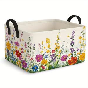 TEMU 1개 특대형 접이식 수납 바구니, 생생한 꽃무늬 패턴 - 손잡이가 달린 오픈형 직사각형 패브릭 정리함, 옷, 선물 & 홈 데코용 내구성 좋은 옥스포드 천, 옷 정리 수납, 장식 바구니, 튼튼한 손잡이 디자인