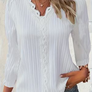 TEMU 여성용 우아한 레이스 같은 질감의 V넥 반팔 블라우스 - 가볍고 통기성이 좋은 캐주얼 셔츠, 봄 & 여름용 솔리드 컬러 탑