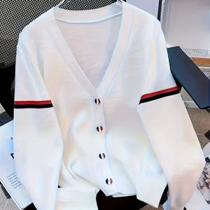 TEMU 우아한 트렌디 여성 V넥 가디건, 화이트 레드 & 블루 커프스, 가벼운 롱슬리브 레이어링 스타일, 봄과 가을을 위한 캐주얼 커뮤터 패션 가디건