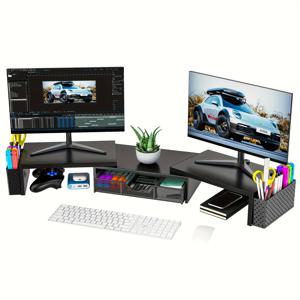 TEMU 듀얼 모니터 데스크 오거나이저, 서랍 및 펜 홀더 2개 포함, 조절 가능한 데스크 라이저 - 작은 공간과 홈 스튜디오를 위한 책상 공간 최적화
