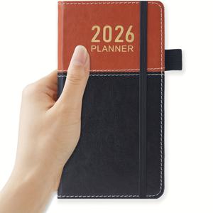 TEMU 포켓 플래너 2026, 2026년 1월~2026년 12월 주간 & 월간 소형 캘린더, 월간 스티커 포함, 가죽 커버, 미니 사이즈 (3.8