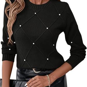 TEMU 여성용 베이지 캐주얼 엘레강스 스웨터, 진주 디테일, 라운드넥 및 긴소매 디자인. 루즈핏으로 편안하고 손세탁 가능하며, 일상복 및 특별한 날 모두에 적합하며 봄, 가을 착용에 완벽합니다.