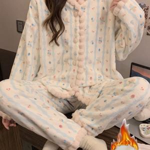 TEMU 여성용 코랄 플리스 잠옷 세트 | 가을-겨울용 두꺼운 플리스 따뜻한 홈웨어, 플로럴 패턴, V넥, 긴소매