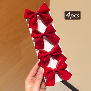 TEMU 4개 레드 벨벳 라인스톤 리본 헤어 클립 | 축제 답례품 및 가을/겨울 데이트에 완벽