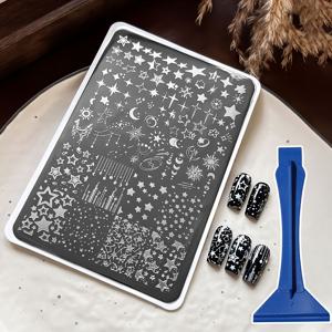 TEMU 별과 달 네일 아트 스탬핑 플레이트 세트 (스크레이퍼 포함), 라마단 및 Eid 디자인에 적합, 별과 달 스탬핑 템플릿으로 홈 살롱 네일 아트를 가능하게 함 - 미용 애호가를 위한 부드러운 스탬핑 도구